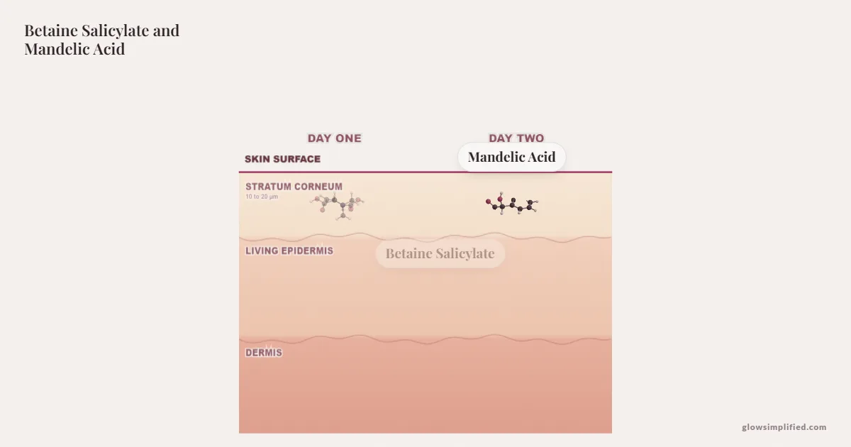 Betaine Salicylate and Mandelic Acid meeting on a cross-section of skin