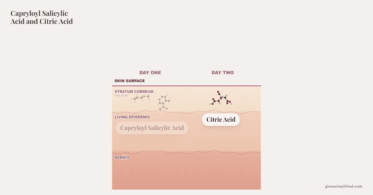 Capryloyl Salicylic Acid and Citric Acid meeting on a cross-section of skin
