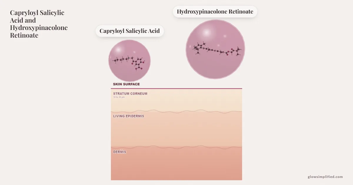 Capryloyl Salicylic Acid and Hydroxypinacolone Retinoate meeting on a cross-section of skin