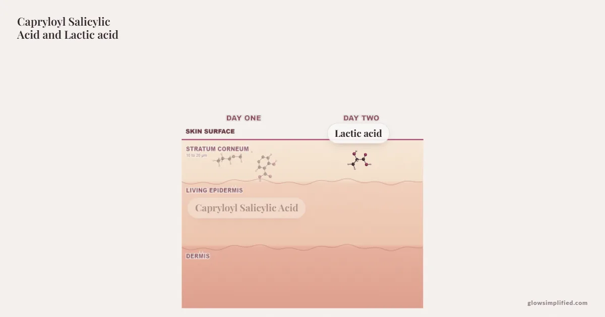 Capryloyl Salicylic Acid and Lactic acid meeting on a cross-section of skin