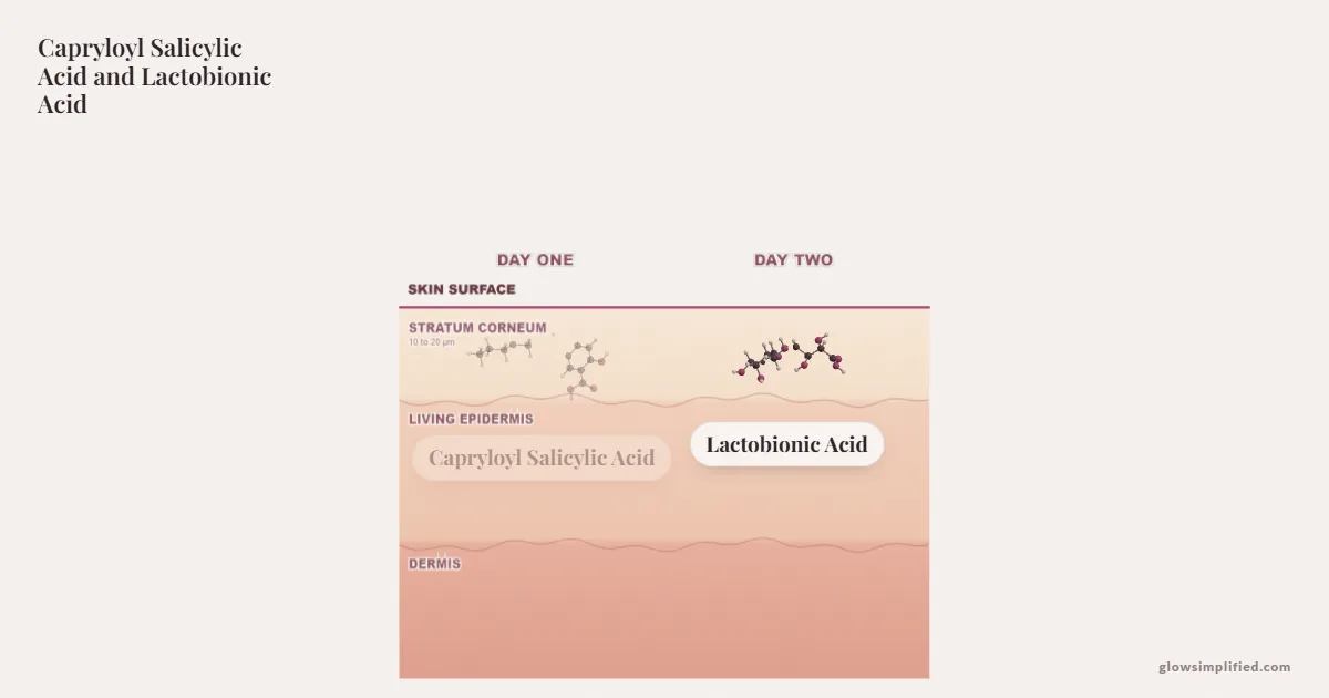 Capryloyl Salicylic Acid and Lactobionic Acid meeting on a cross-section of skin