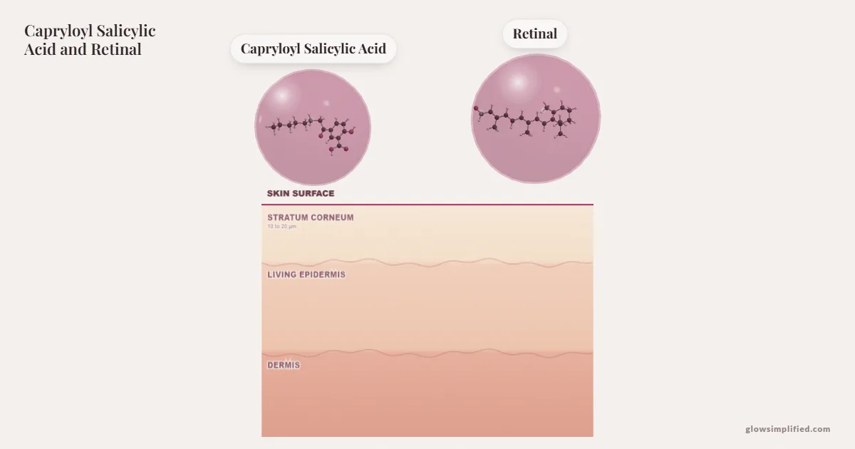 Capryloyl Salicylic Acid and Retinal meeting on a cross-section of skin