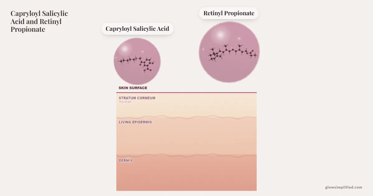 Capryloyl Salicylic Acid and Retinyl Propionate meeting on a cross-section of skin