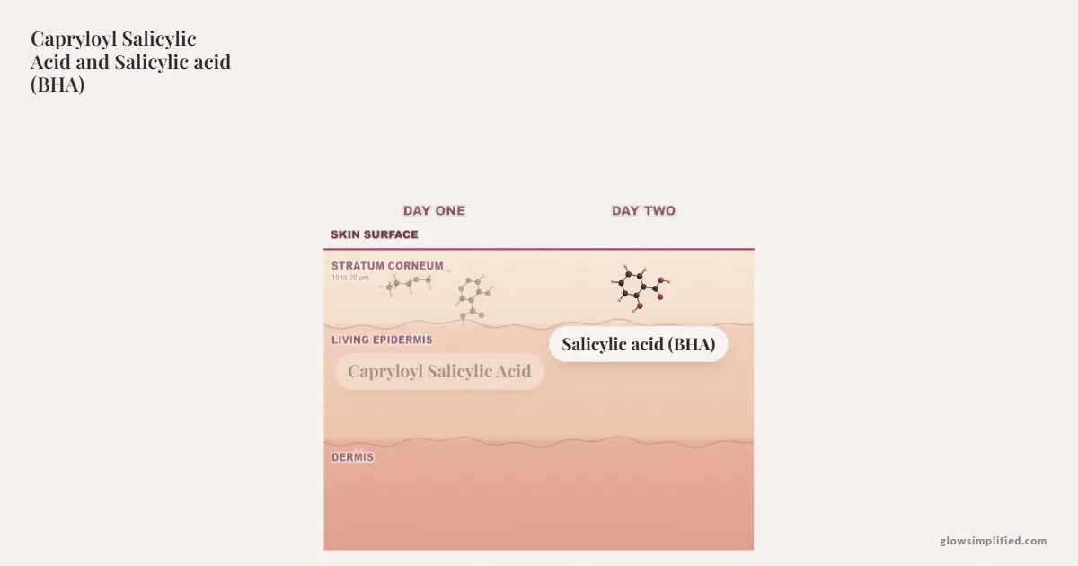 Capryloyl Salicylic Acid and Salicylic acid (BHA) meeting on a cross-section of skin