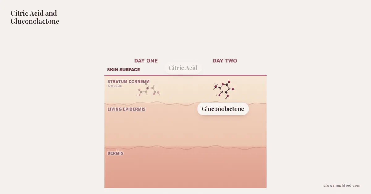 Citric Acid and Gluconolactone meeting on a cross-section of skin
