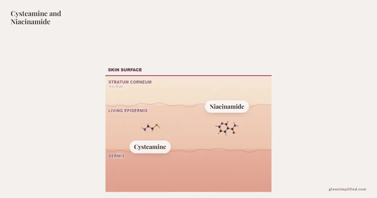 Cysteamine and Niacinamide meeting on a cross-section of skin