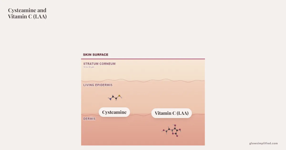 Cysteamine and Vitamin C (LAA) meeting on a cross-section of skin