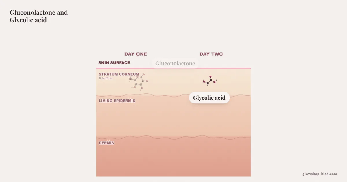 Gluconolactone and Glycolic acid meeting on a cross-section of skin