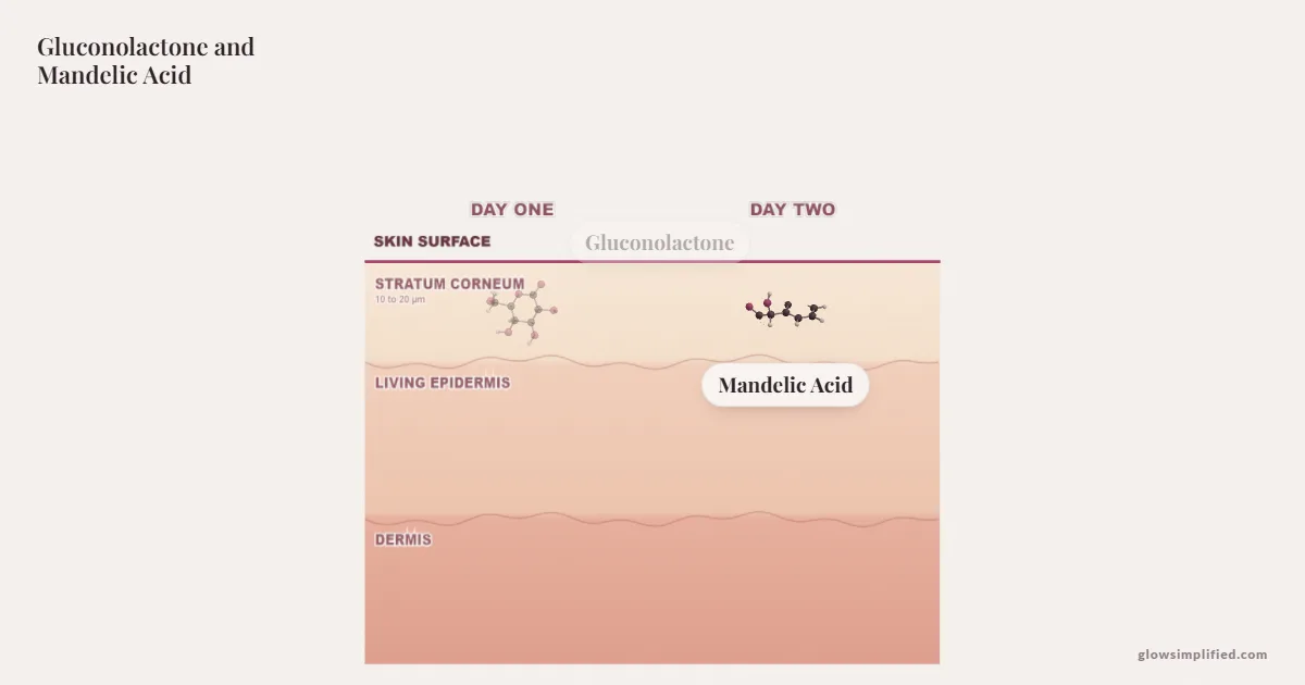 Gluconolactone and Mandelic Acid meeting on a cross-section of skin