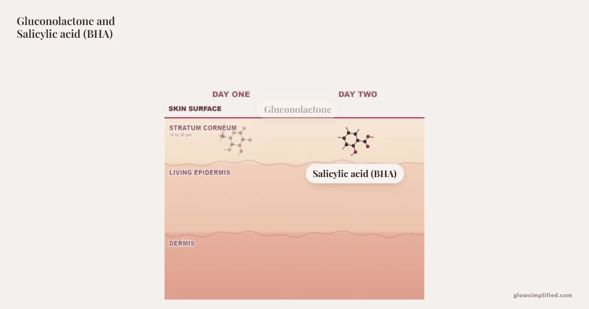 Gluconolactone and Salicylic acid (BHA) meeting on a cross-section of skin