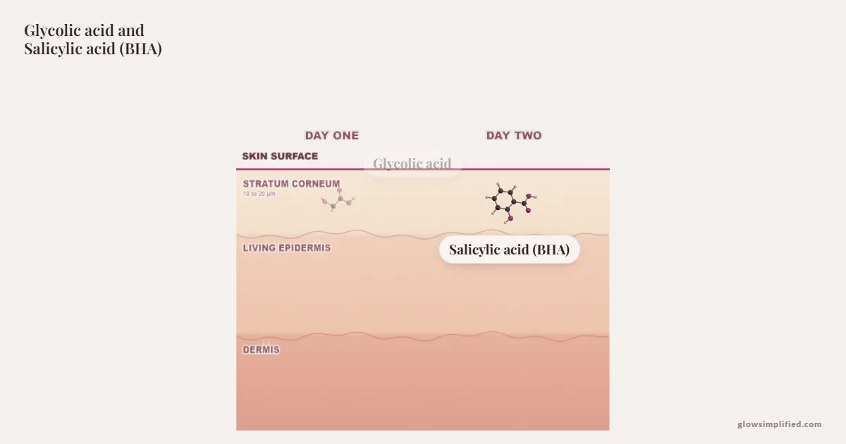 Glycolic acid and Salicylic acid (BHA) meeting on a cross-section of skin