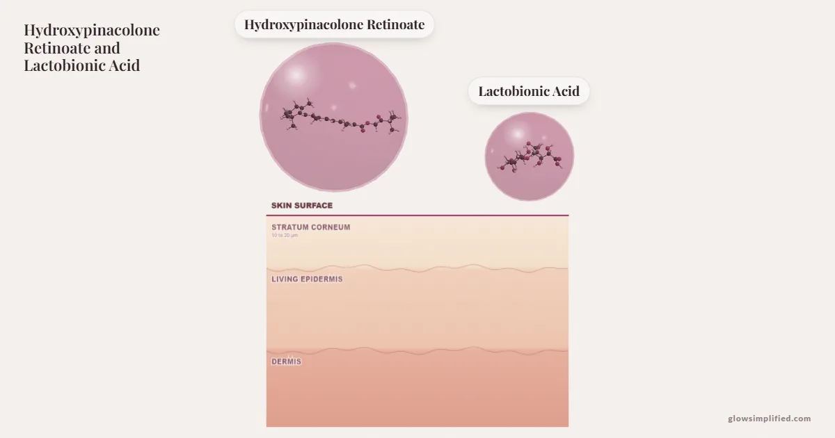 Hydroxypinacolone Retinoate and Lactobionic Acid meeting on a cross-section of skin