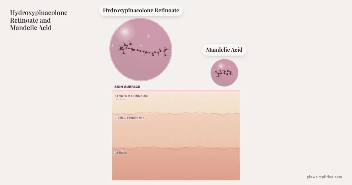 Hydroxypinacolone Retinoate and Mandelic Acid meeting on a cross-section of skin