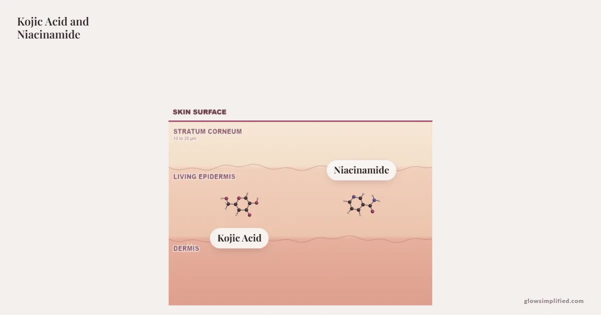 Kojic Acid and Niacinamide meeting on a cross-section of skin