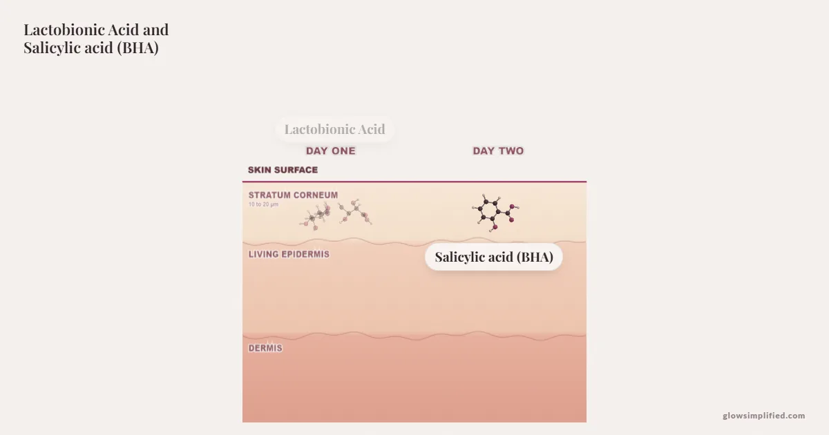 Lactobionic Acid and Salicylic acid (BHA) meeting on a cross-section of skin