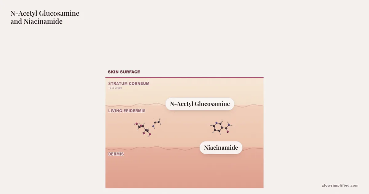 N-Acetyl Glucosamine and Niacinamide meeting on a cross-section of skin