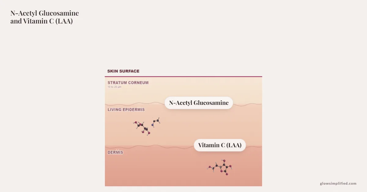 N-Acetyl Glucosamine and Vitamin C (LAA) meeting on a cross-section of skin