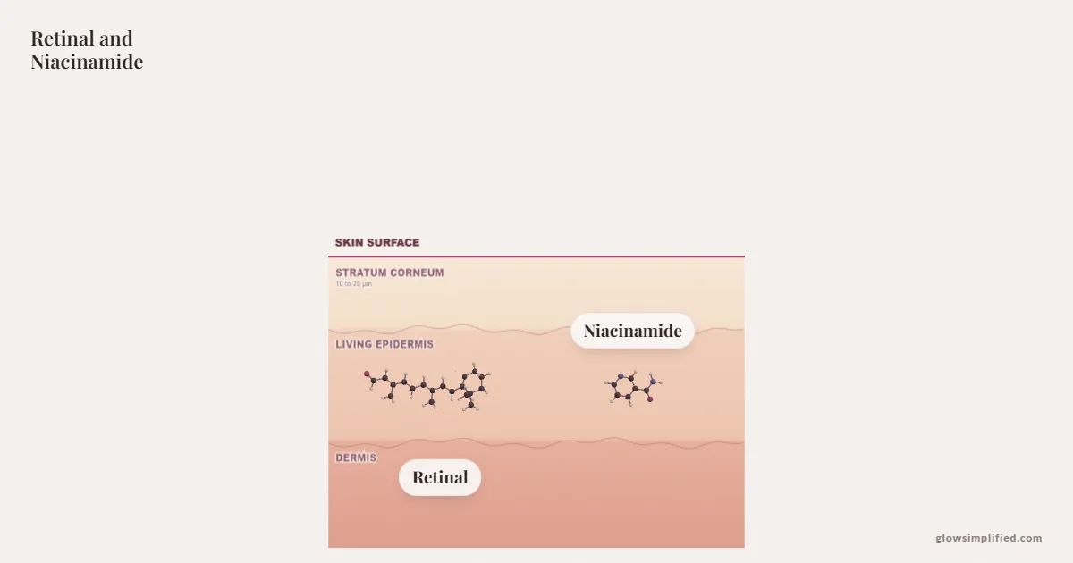 Retinal and Niacinamide meeting on a cross-section of skin