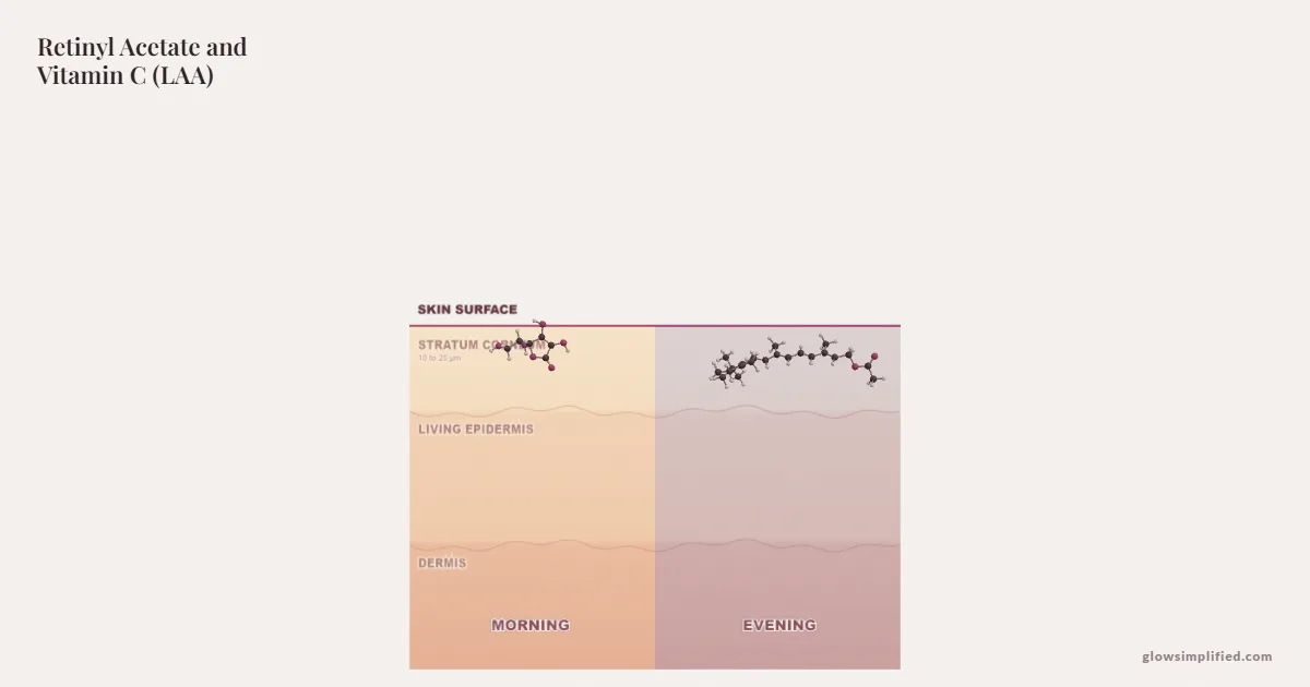 Retinyl Acetate and Vitamin C (LAA) meeting on a cross-section of skin
