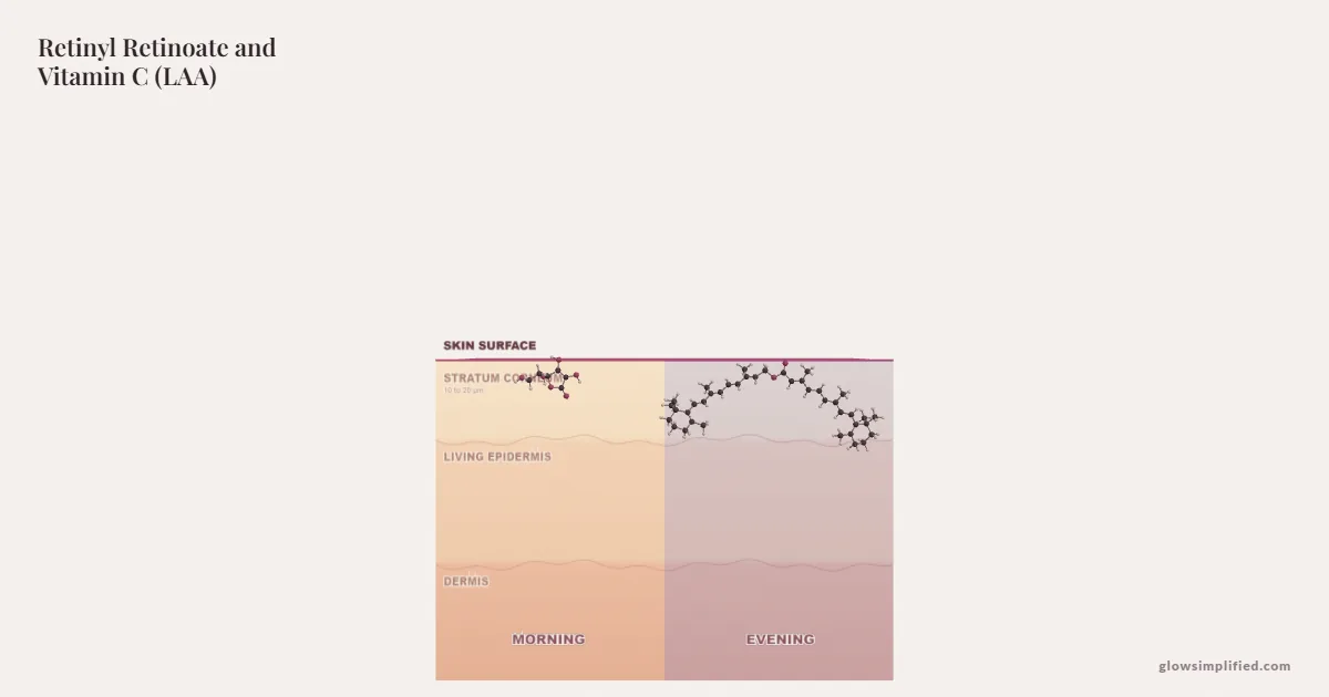 Retinyl Retinoate and Vitamin C (LAA) meeting on a cross-section of skin