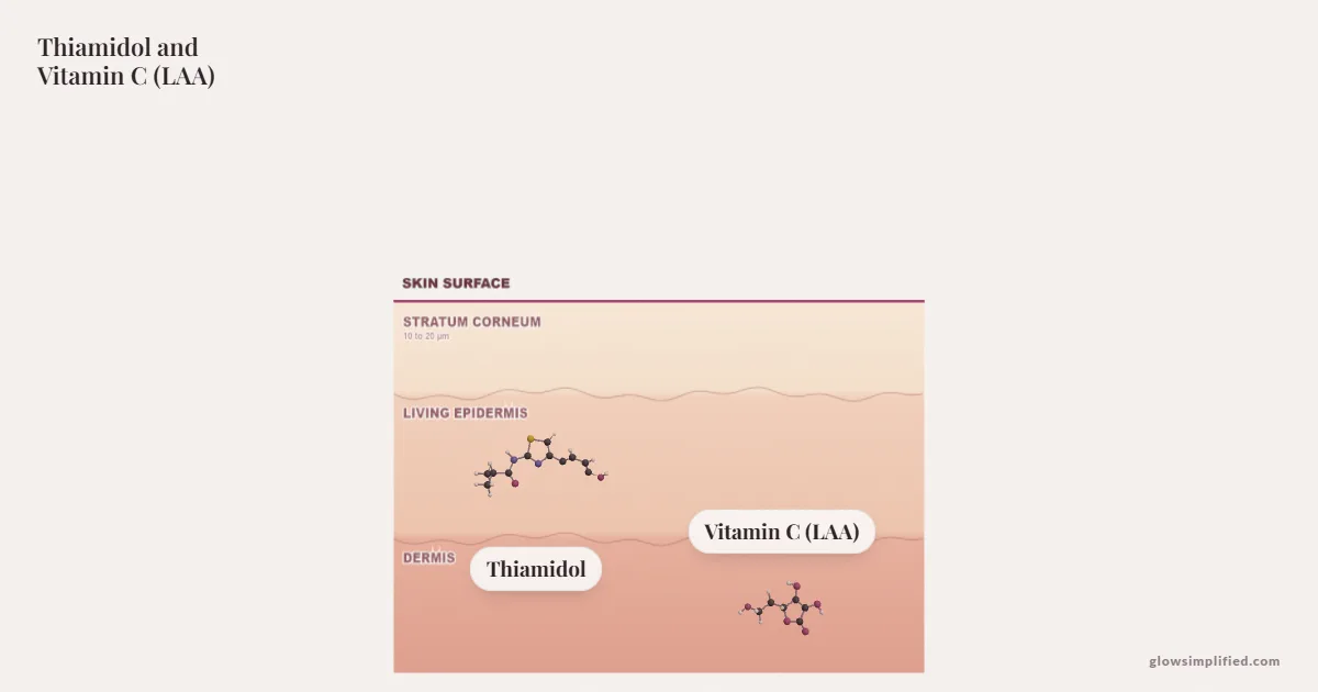 Thiamidol and Vitamin C (LAA) meeting on a cross-section of skin