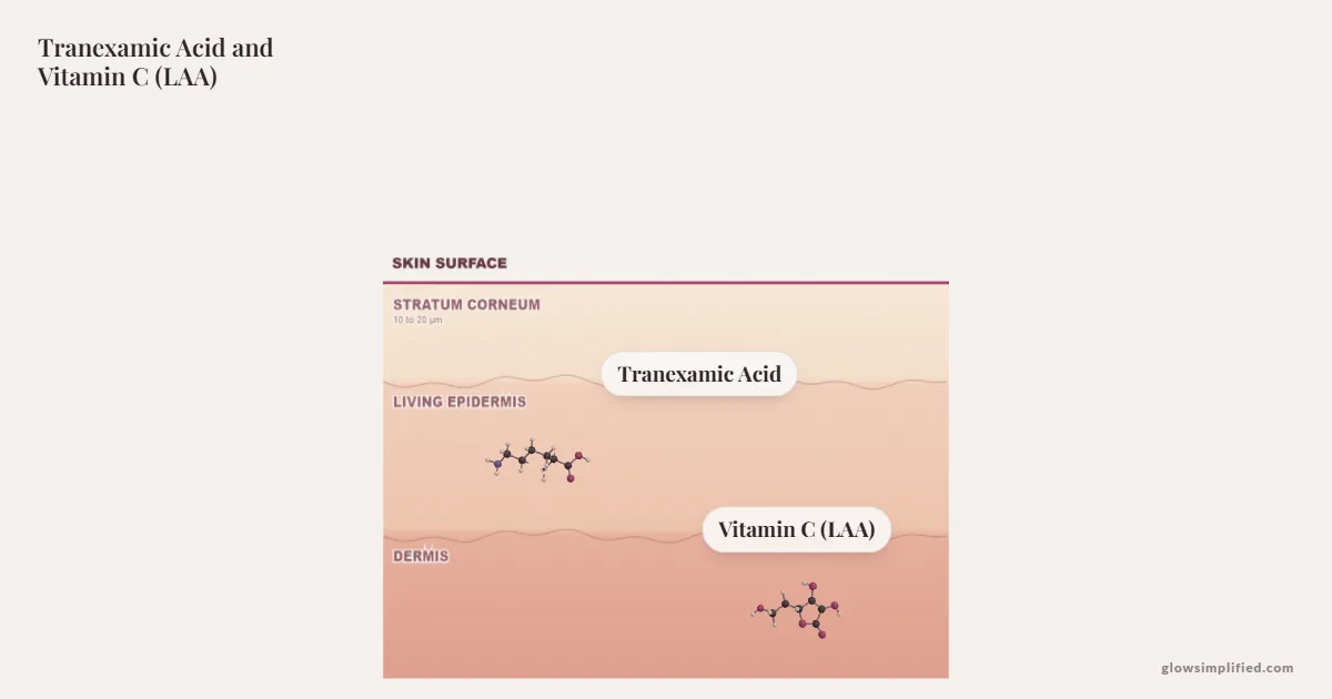 Tranexamic Acid and Vitamin C (LAA) meeting on a cross-section of skin