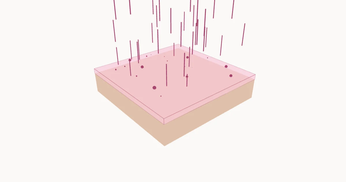 A square centimetre of skin in 3D with the tested sunscreen film on it and UV rays falling.