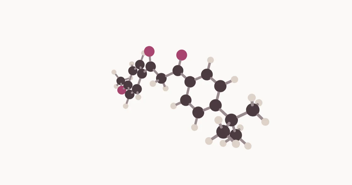 Avobenzone drawn in 3D as balls and sticks.